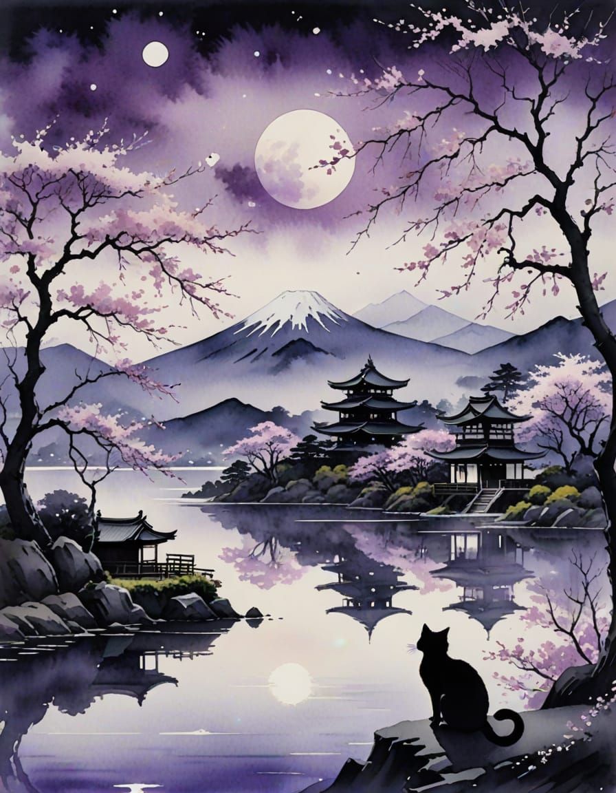 Japanese Watercolor with Purple Moon and Black Cat