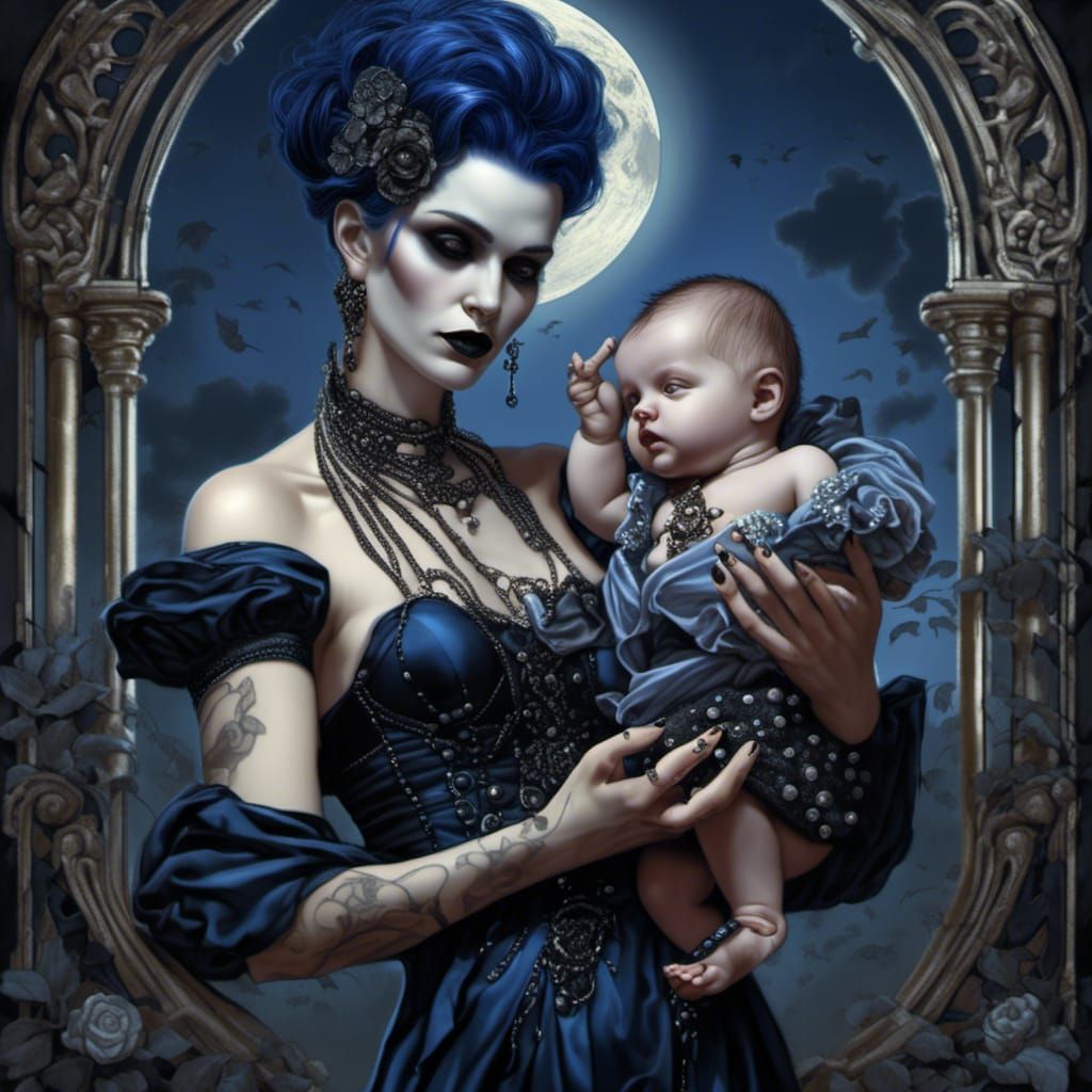 Goth Mother Feeding Baby in Punk Art Nouveau