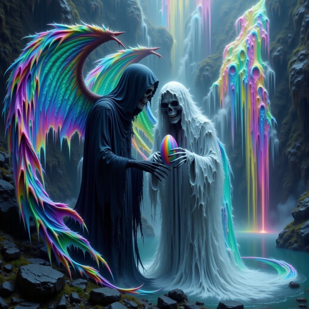 Grim Reaper and Prismatic Waterfall Fantasy Scene
