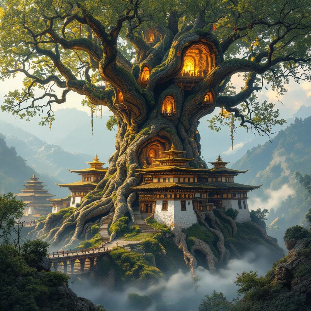 Ancient Bhutanese Tree Monastery: A Spiritual Fantasy Landsc...