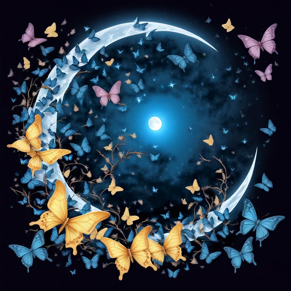 Enchanted Crescent Moon Surrounded by Butterflies