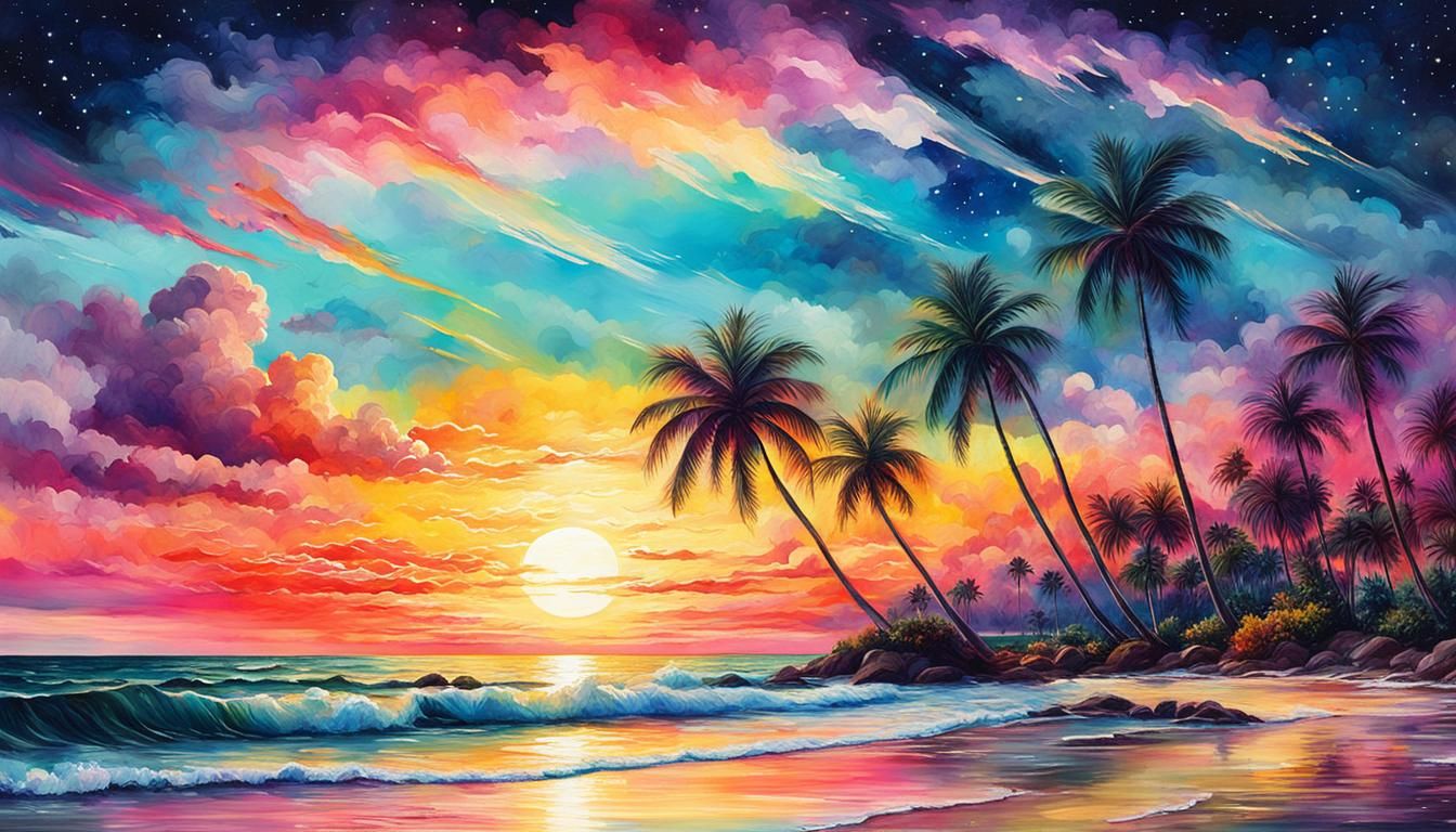 Colorful Beach Sunset in High Fantasy Style