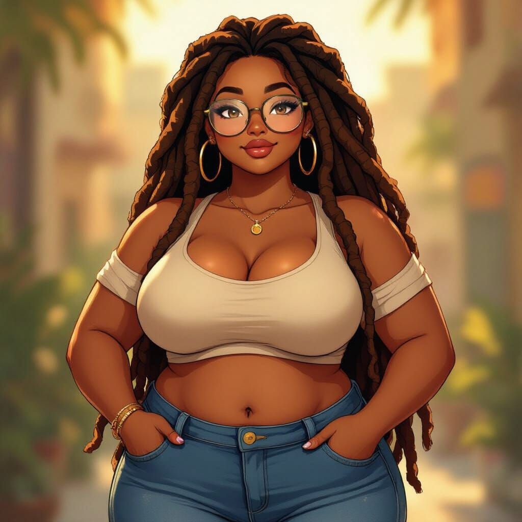 Plus-Size Black Woman with Dreadlocks in Vibrant Anime Style