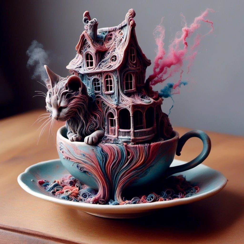 Cat-House Hybrid in Teacup: Surreal AI Creation