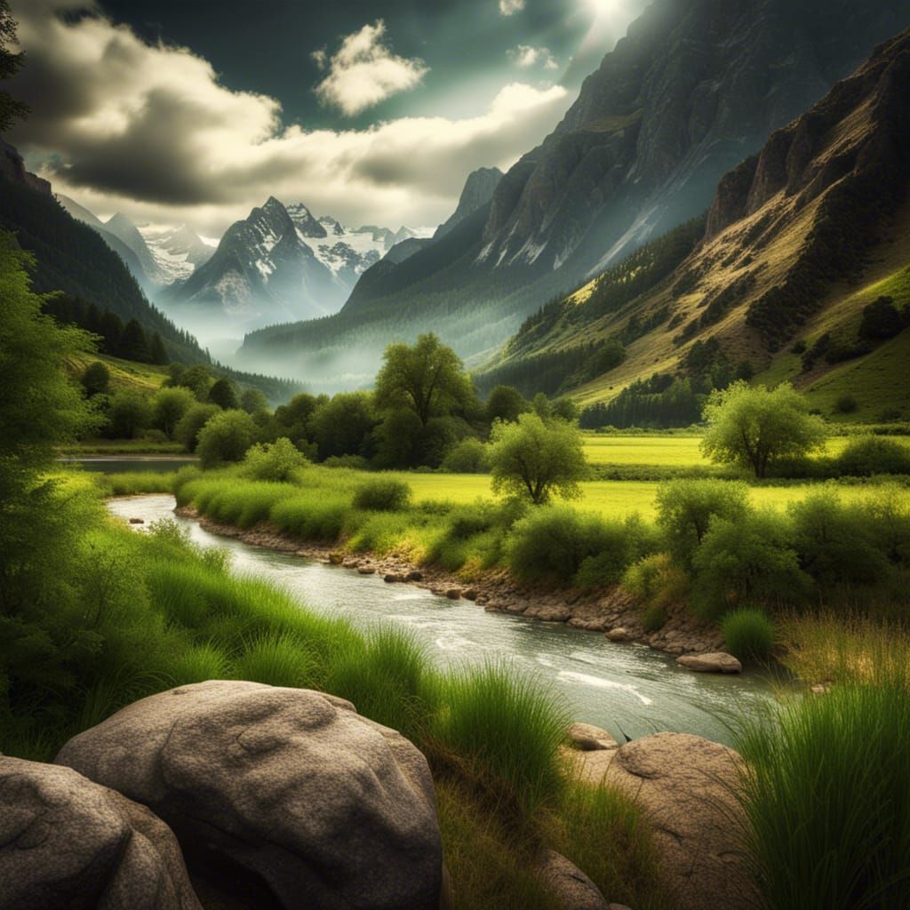 Serene Valley with River and Majestic Mountains
