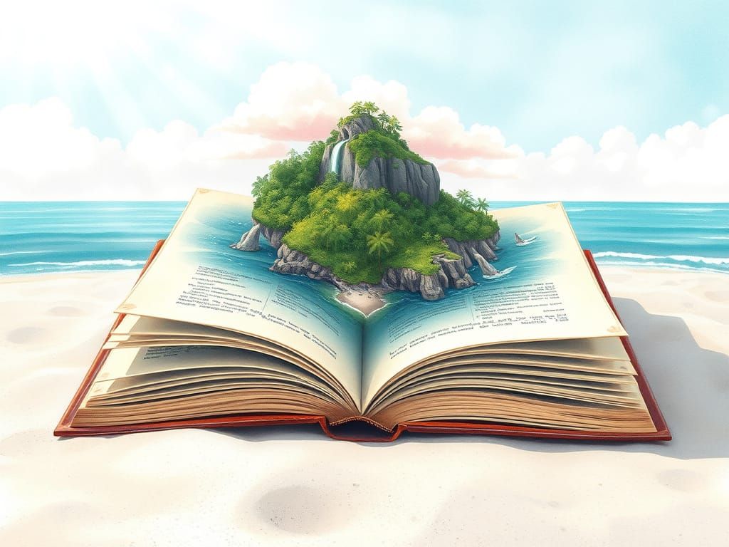 Fantastical Island Emerges from Ancient Book: Watercolor