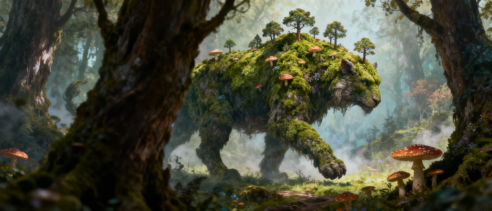 Moss Covered Giant Creature Walks Through Enchanted Forest