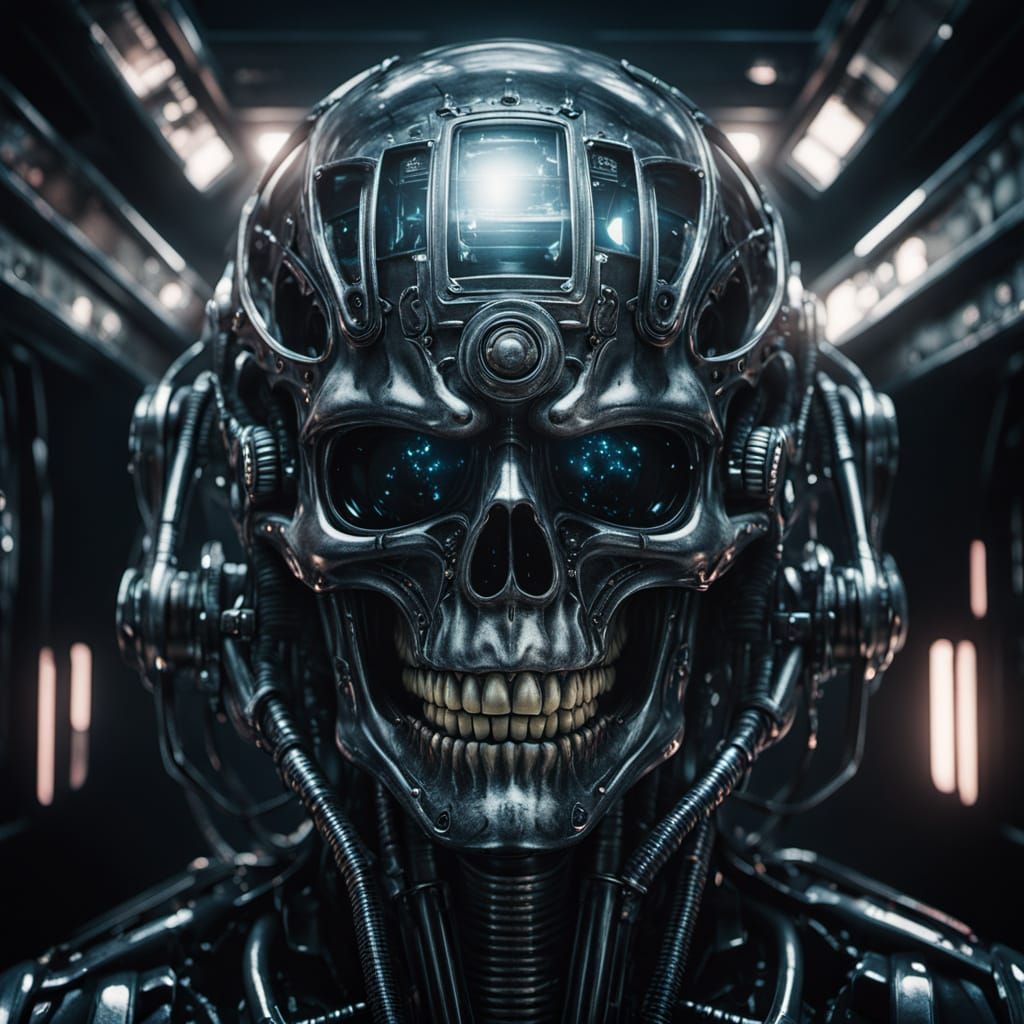Cyborg Smile in Giger Style with Neon Lighting