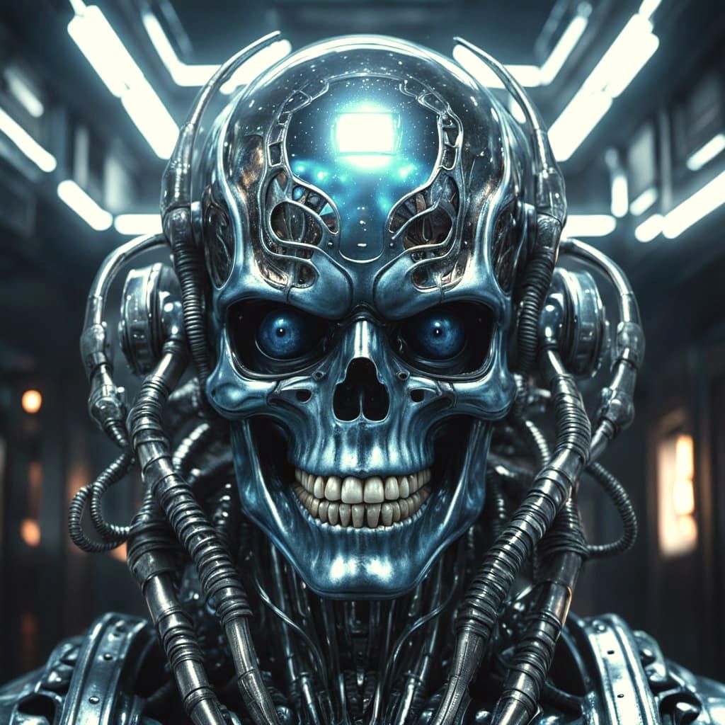 Biomechanical Horror Cyborg with Galaxy Orb in Cyberpunk Sty...