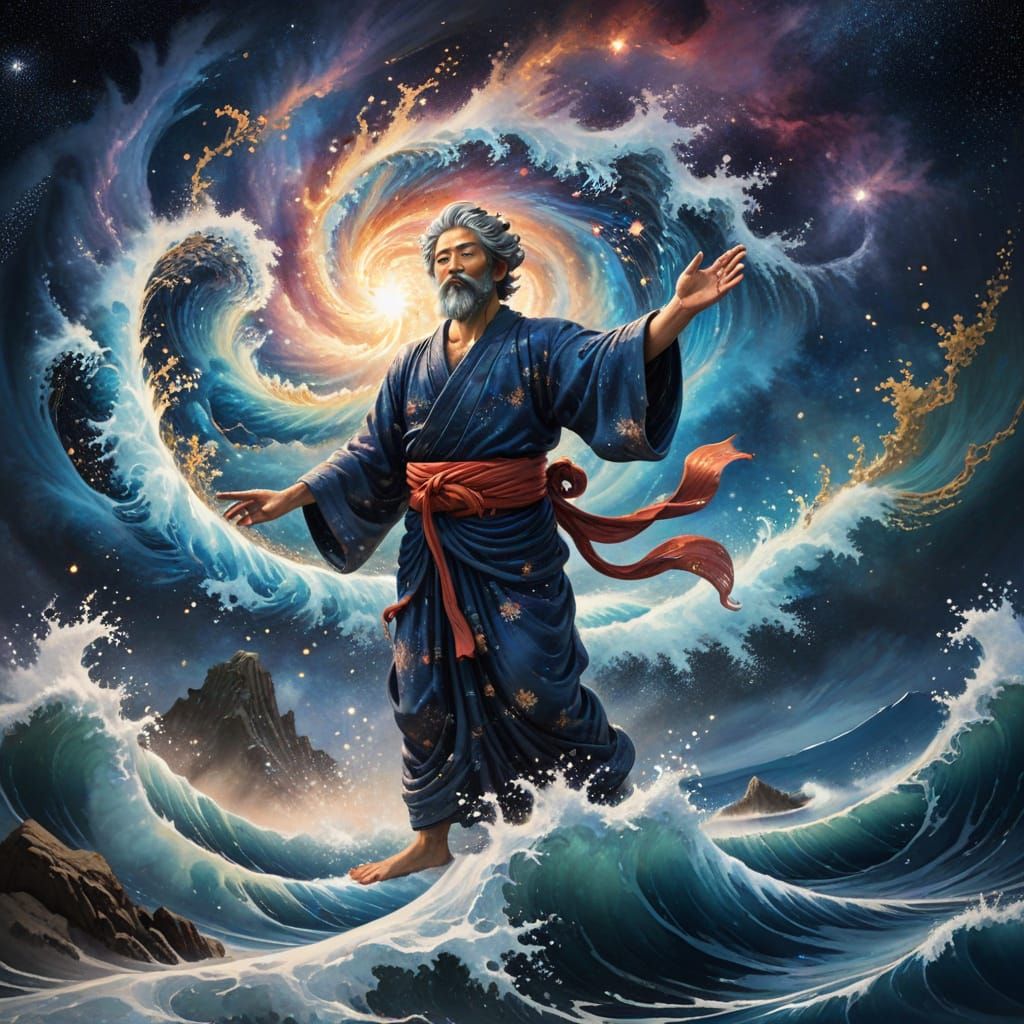 God Creates the Firmament in Cosmic Ocean, Hokusai Style