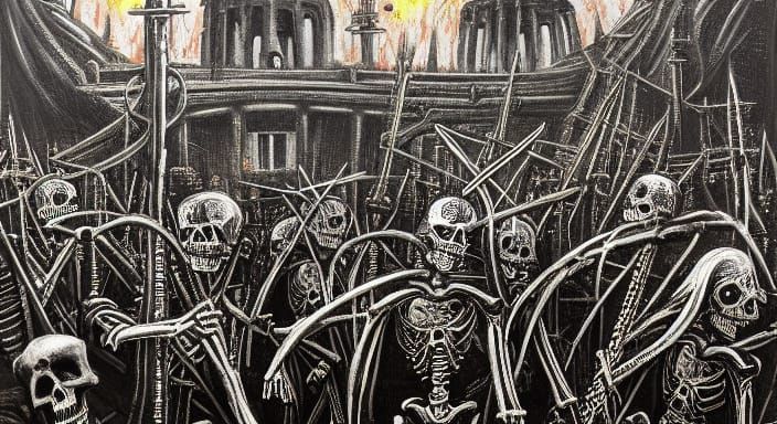 Punk Skeletons Concert in Ancient Ruins Oil Painting