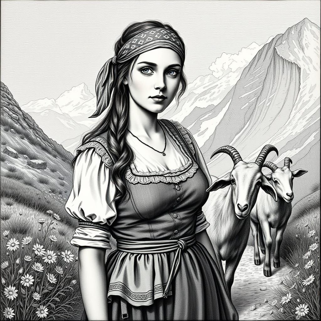 Swiss Woman Herding Goats in Engraving Style