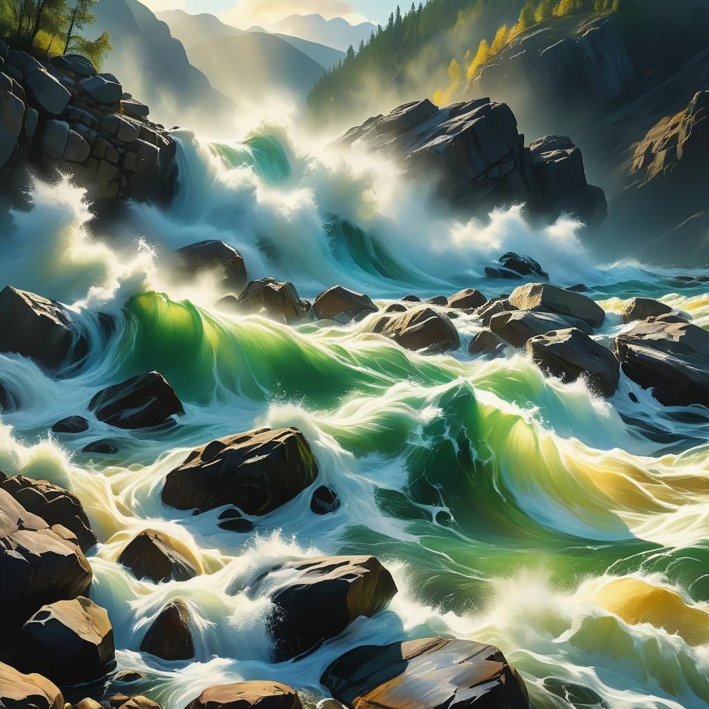 Raging River: Cinematic Oil Painting in Triadic Colors