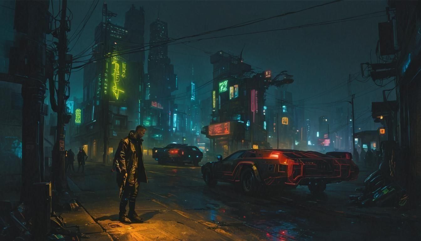 Neon Cyberpunk Street Racer in Futuristic Urban Landscape