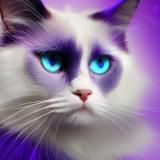 Ragdoll cat with Beautiful Crystal blue cat eyes& ethereal vibes& ethereal vibrant purple background that shimmers& glit...