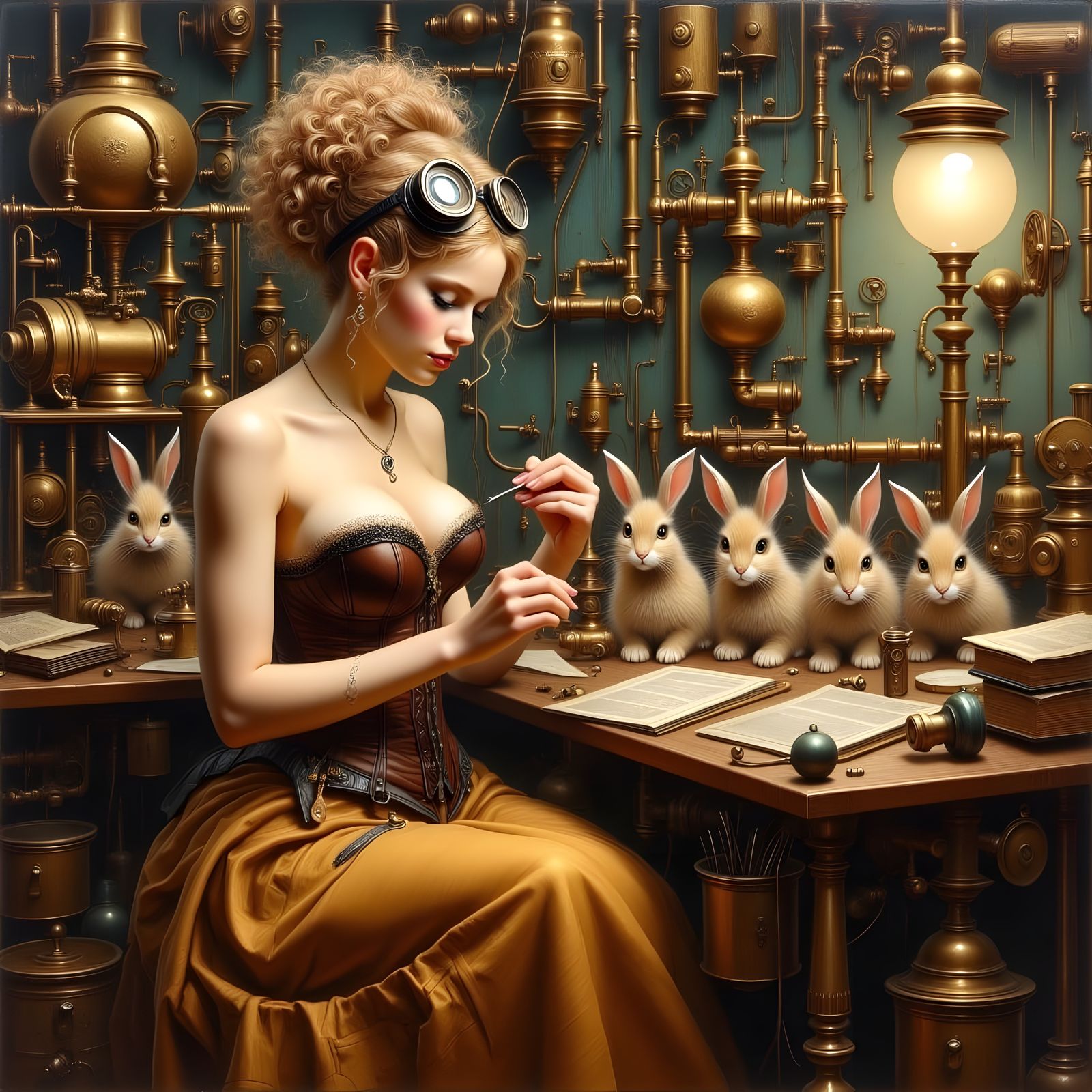 Beautiful Steampunk Tinkerer in Impasto Oil Painting