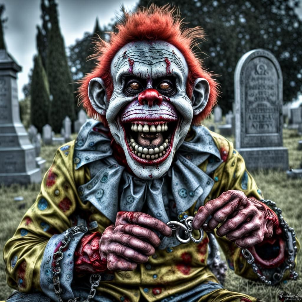 Hyperrealistic Zombie Monkey Clown in Cemetery