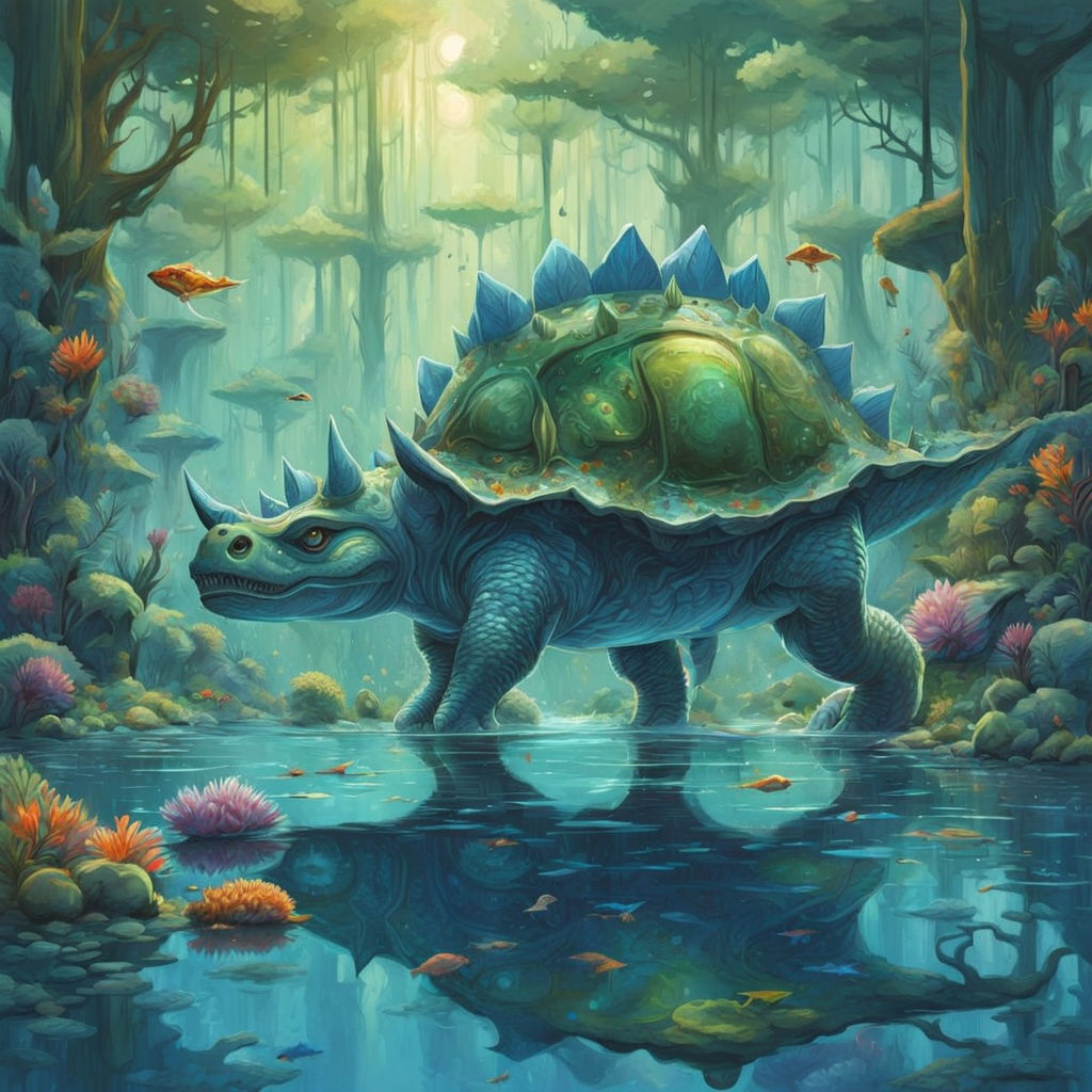 Stegosaurus in Bioluminescent Swamp, Watercolour Painting