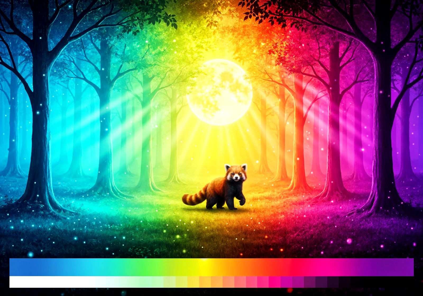 Vibrant Red Panda in Rainbow Forest Dreamscape