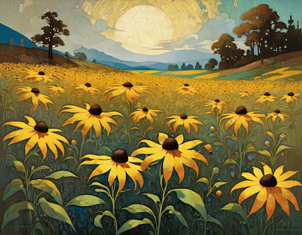 Abstract Black-Eyed Susans in Vivid Color