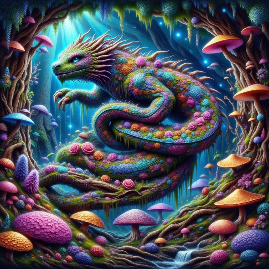 Bioluminescent Dragon in Psychedelic Mushroom Cave