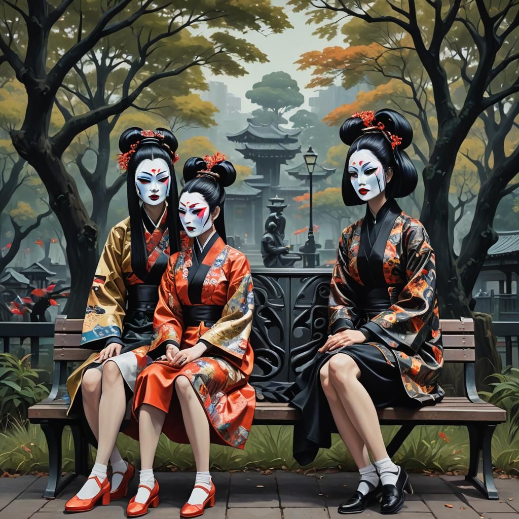 Girls on Bench in Retrofuturistic Style