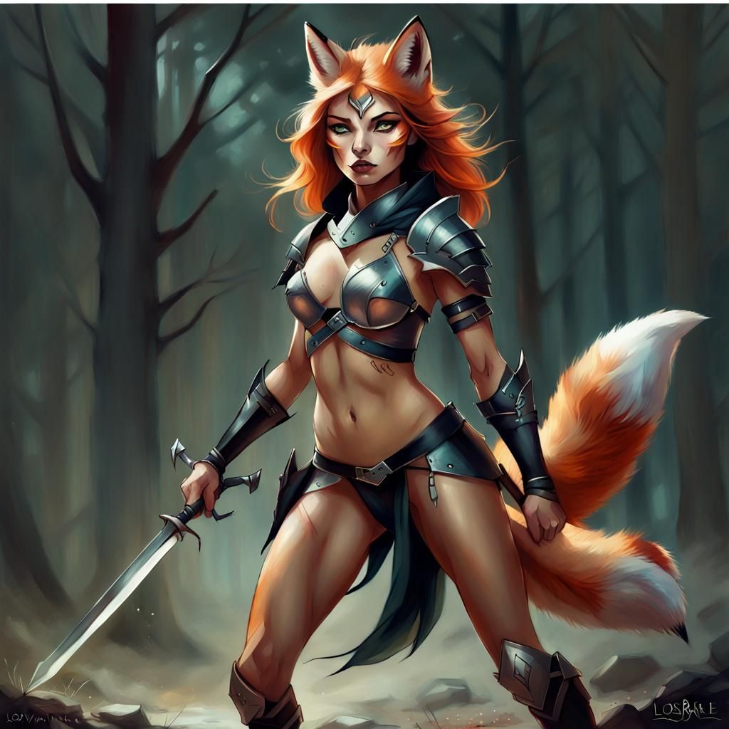 Fox Hybrid Warrior in Dark Fantasy Style