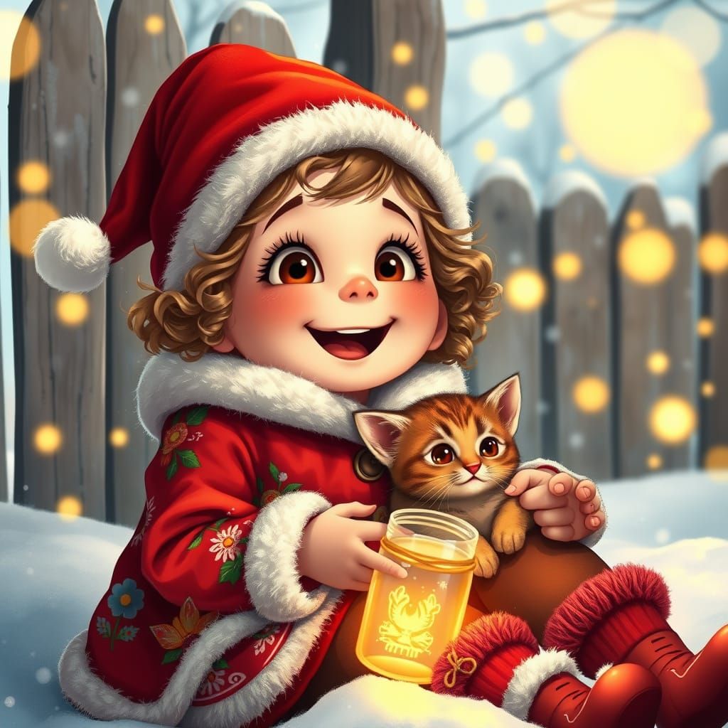 Joyful Girl and Kitten in Snowy Wonderland