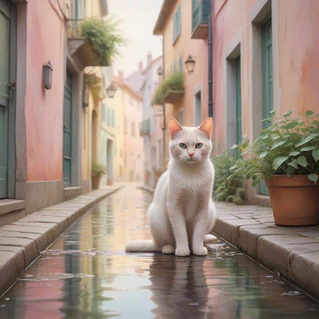 Kitten on Rainy Cobblestone Street in Pastel Watercolor Styl...
