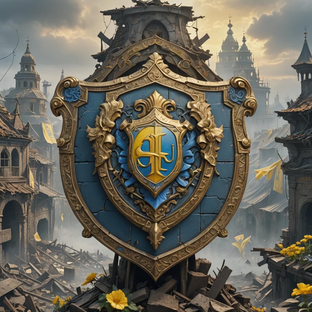 Ornate Emblem with Ruins and Flowers, as Digital Art