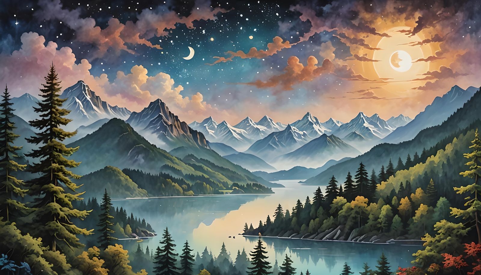 Cosmic Pine Forest Reflecting Astral Sun and Moon