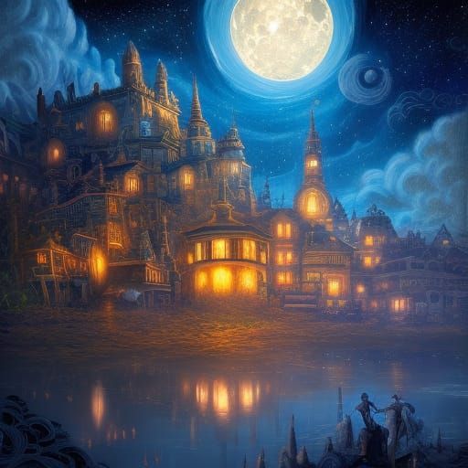 Moonlit Clock Town in Surreal Digital Art Style