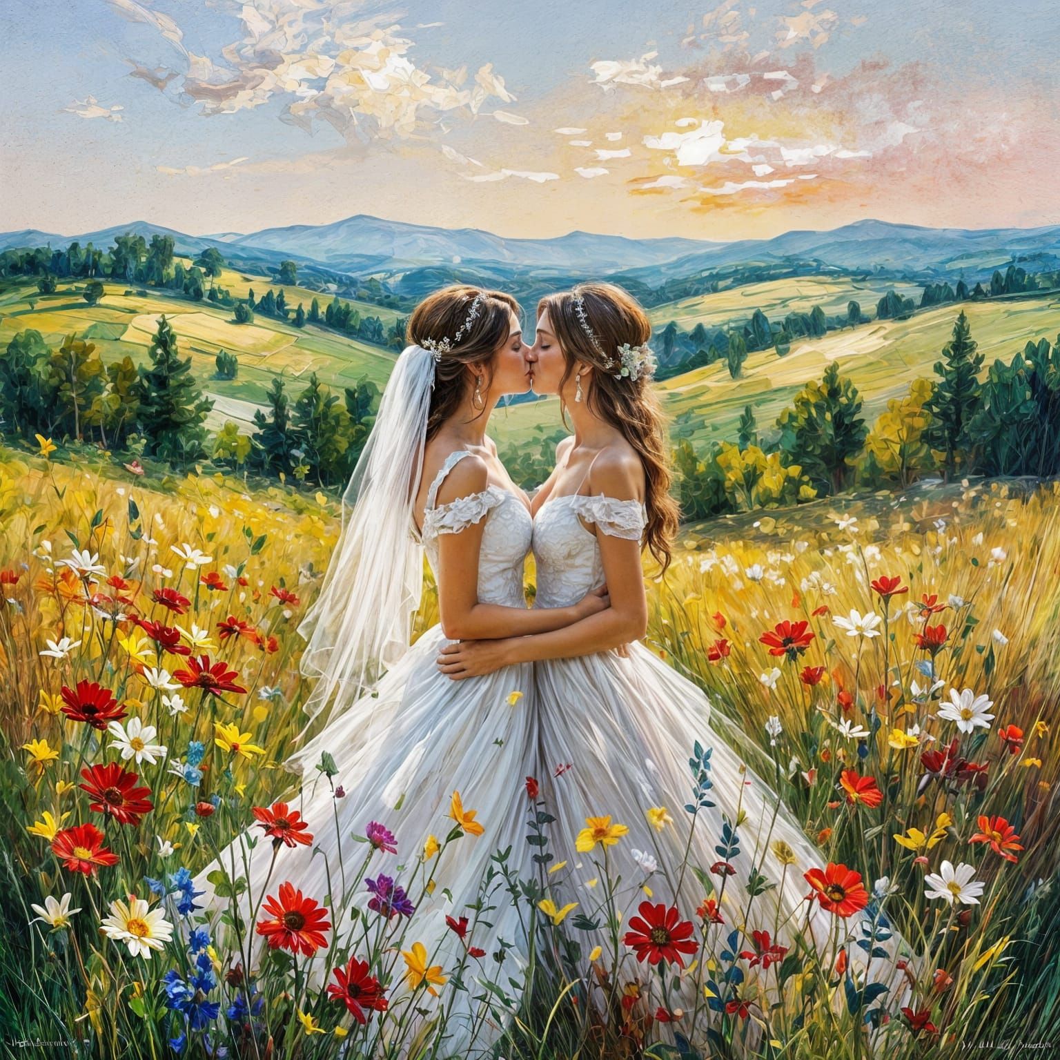 Women's Wedding Kiss in Meadow, Afremov Style