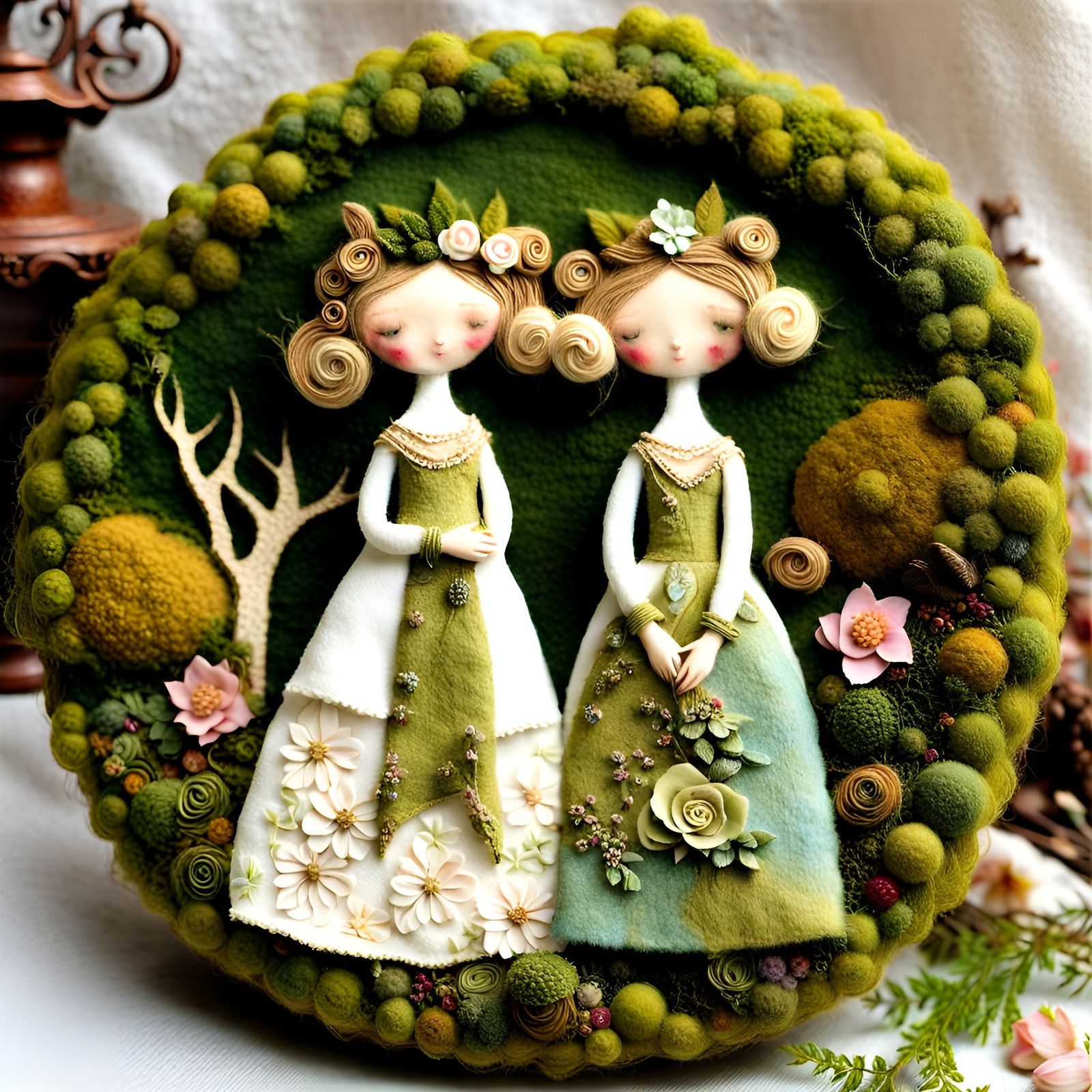 Moss Princesses Hugging in Mixed Media Collage