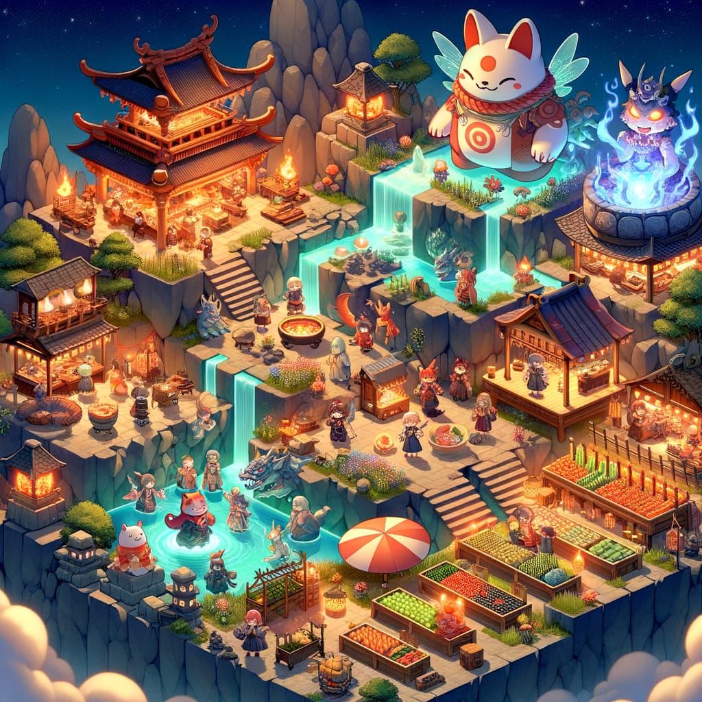 Vivid Isometric Yokai Village in Magical Cavern