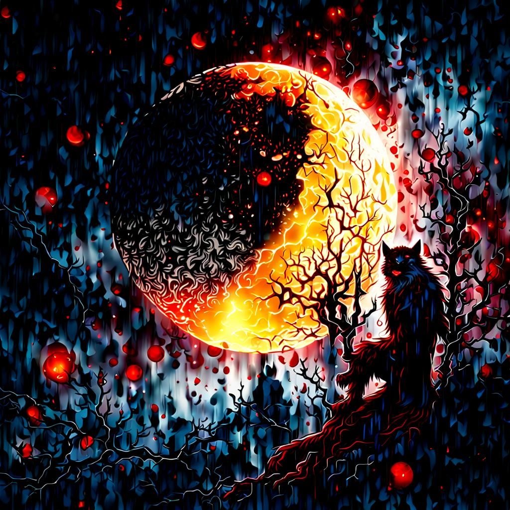 Werewolf Silhouette Gazing at Epic Blood Moon