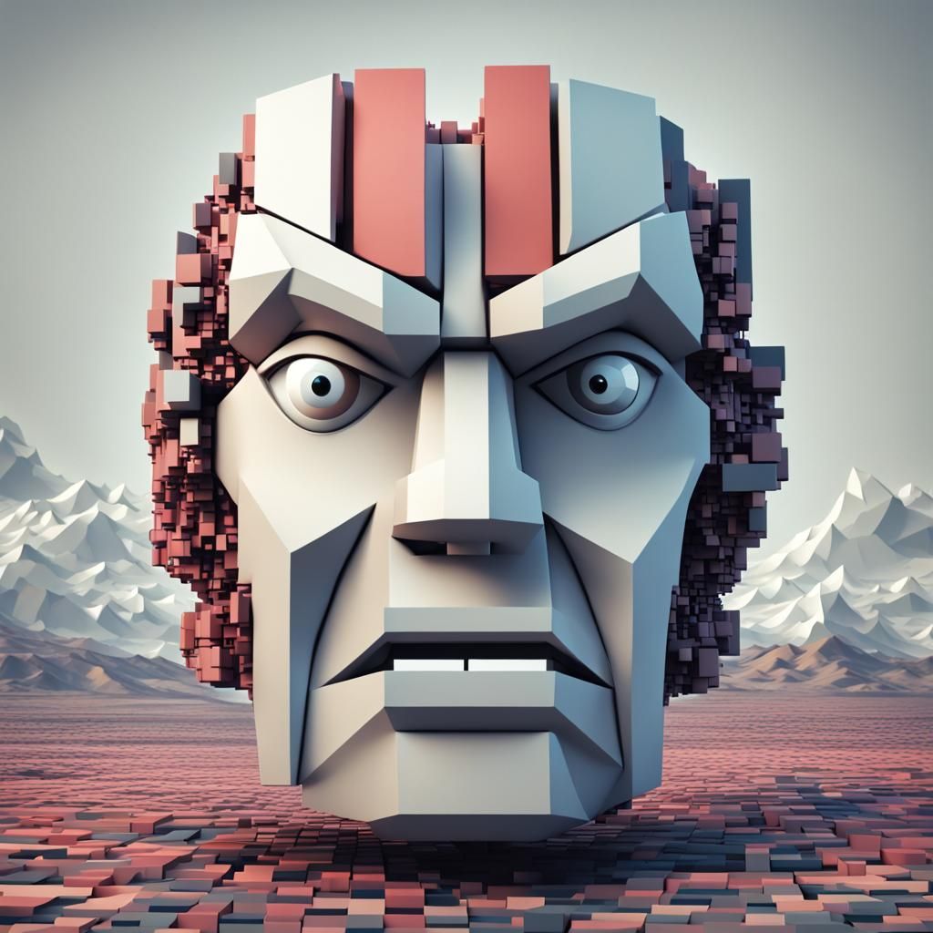 Angry AI Head in Cubist Pixel Art
