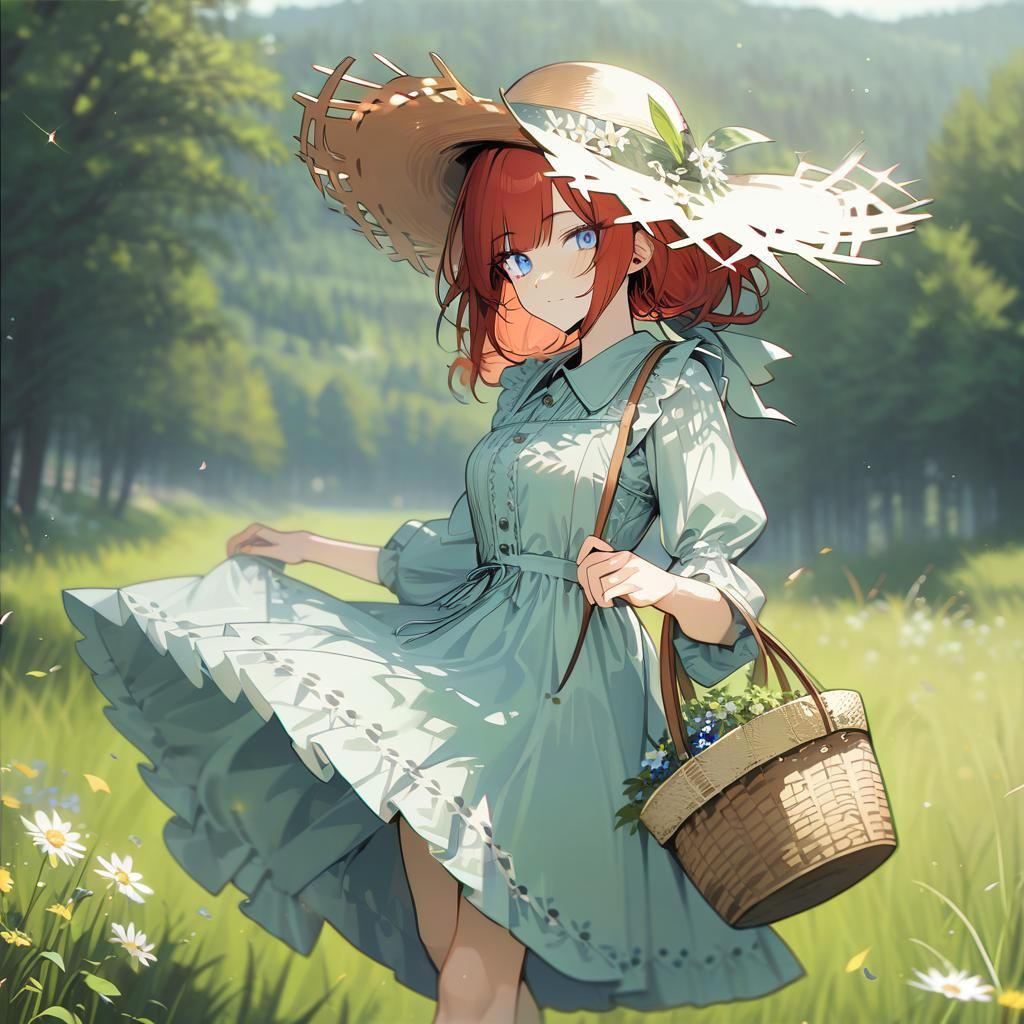 Red Haired Girl in Meadow with Basket Bag