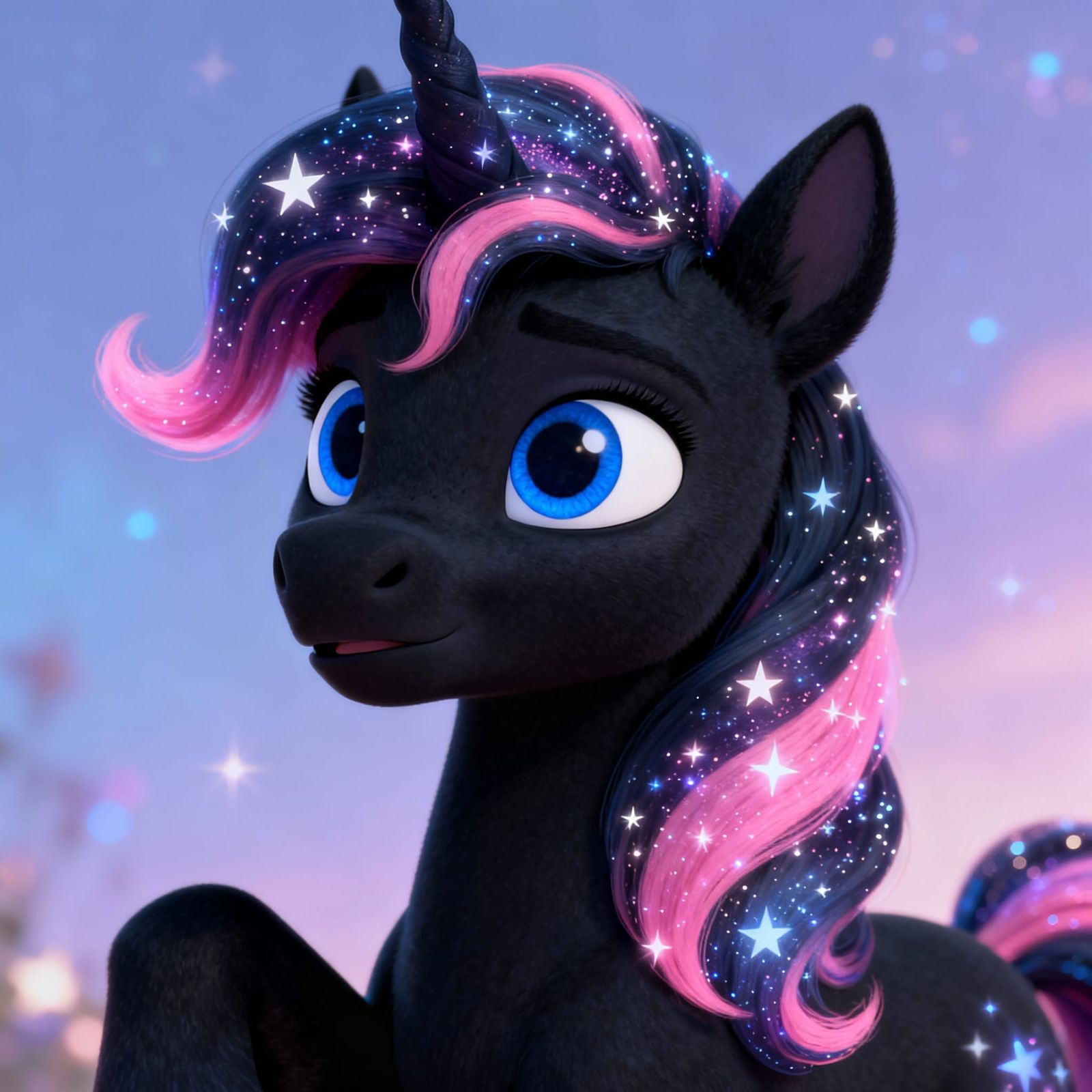 Disney Style Black Unicorn With Starry Pink Mane