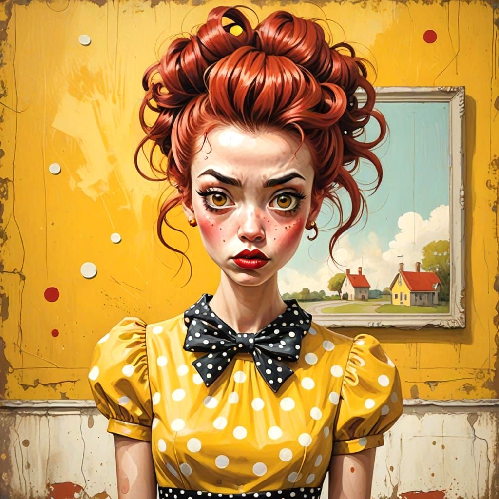 Whimsical Girl and Stork Illustration in Oil Painting Style