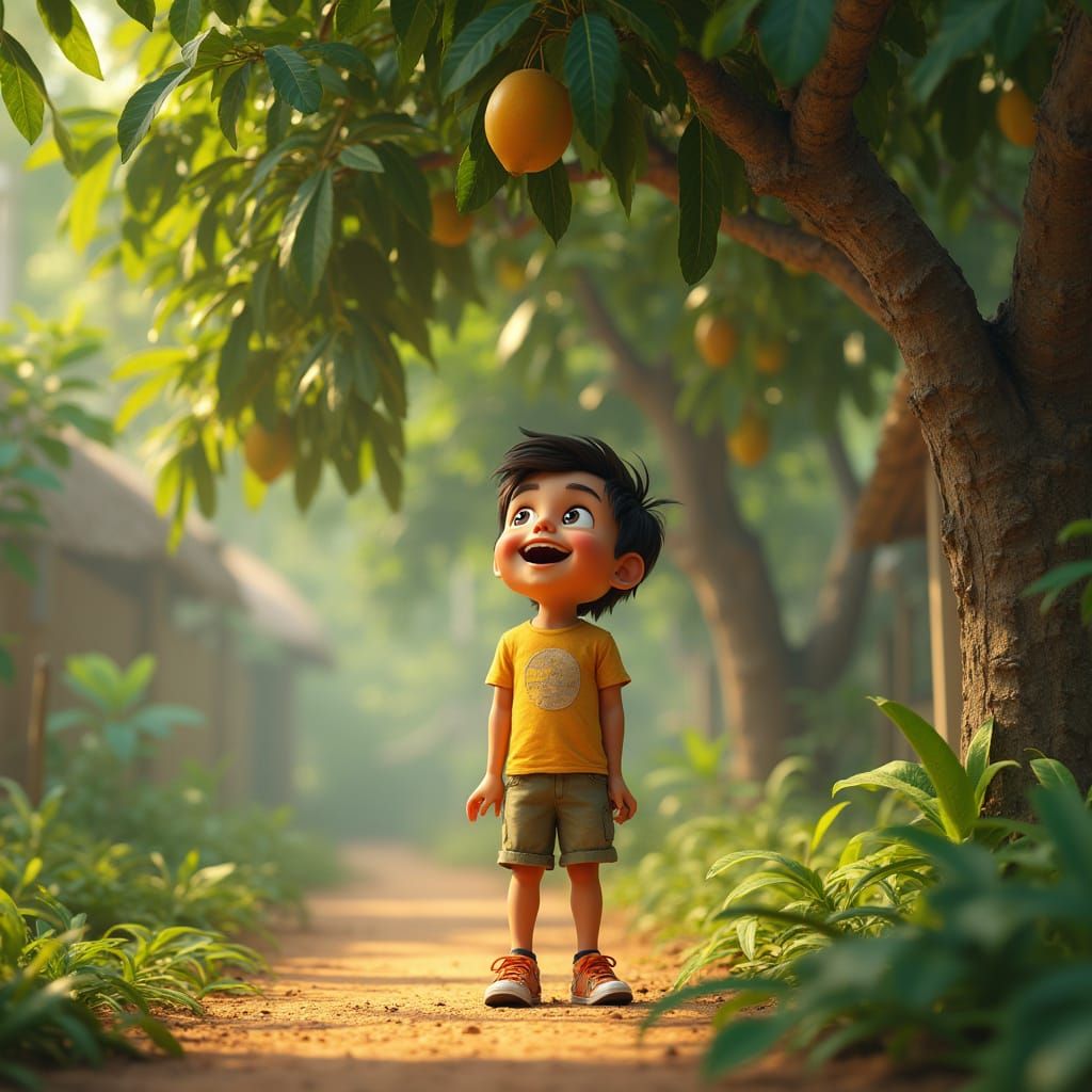 Joyful Boy and Mango Tree in 3D Realism