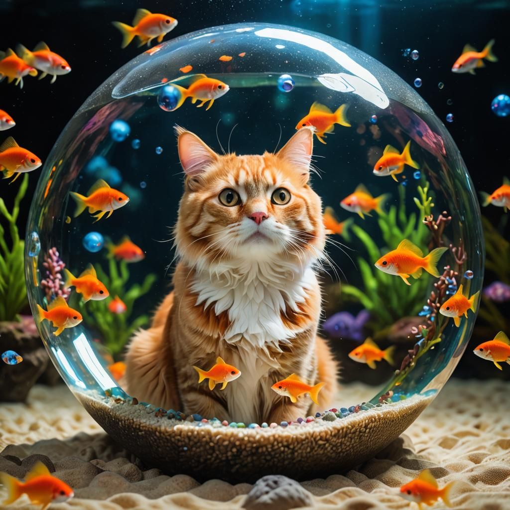 Cat in Bubble Watching Fish: Hyperrealistic Aquarium Art
