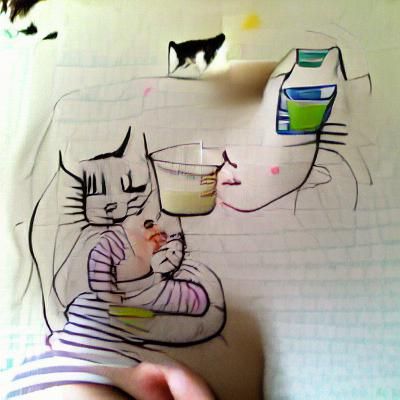 Cat Drinking Milk in Child's Drawing Style