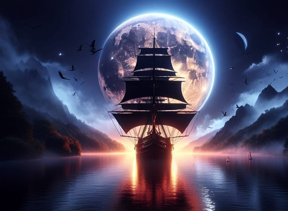Schooner Silhouette Under Moon: Fantasy Concept Art