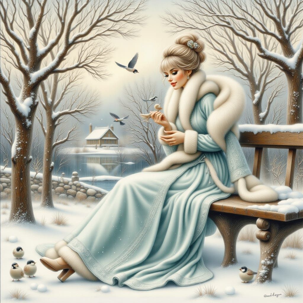 Woman Feeding Birds in Snowy Park as Watercolour Painting