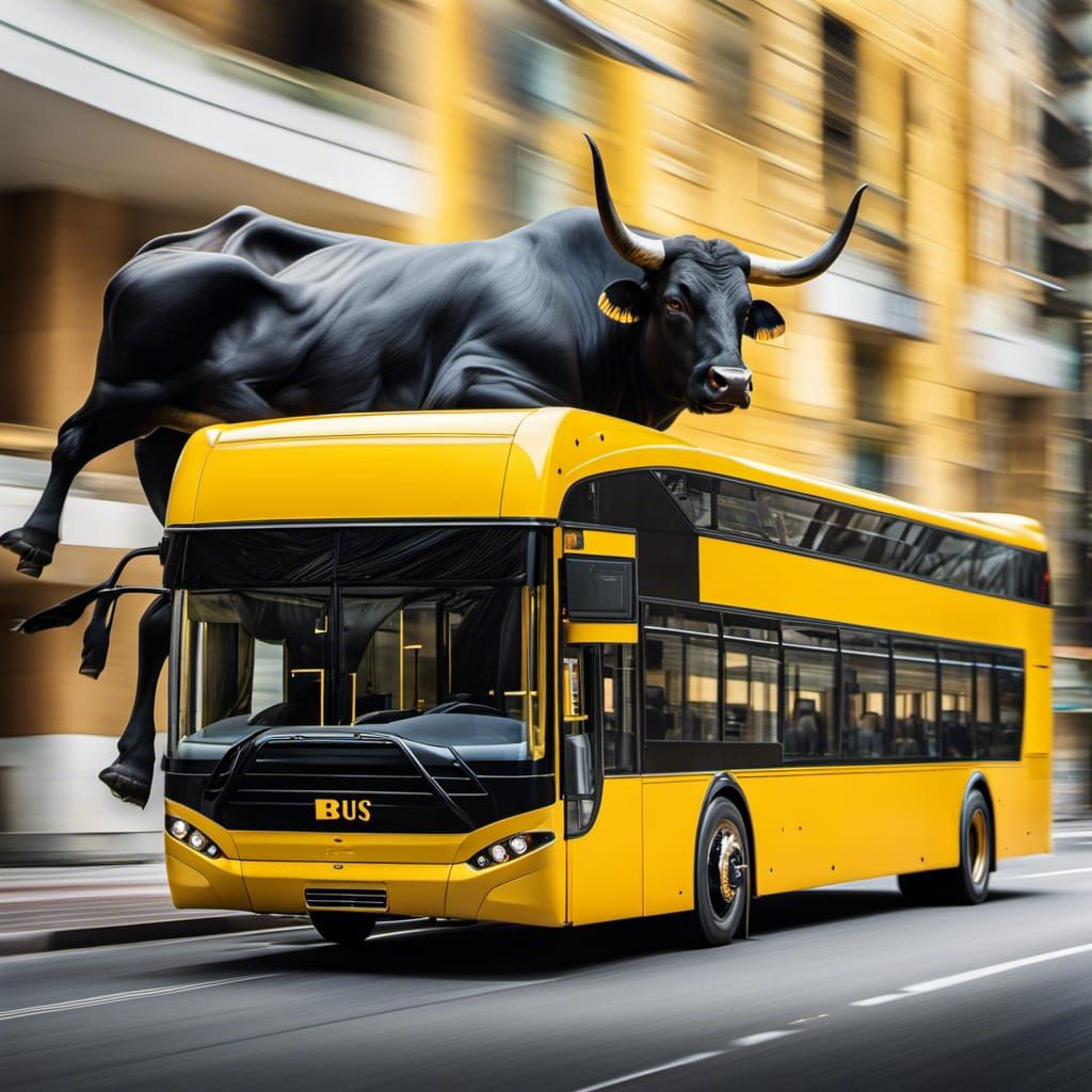 Black Bull Hits Yellow Bus: Realistic 8k Photograph