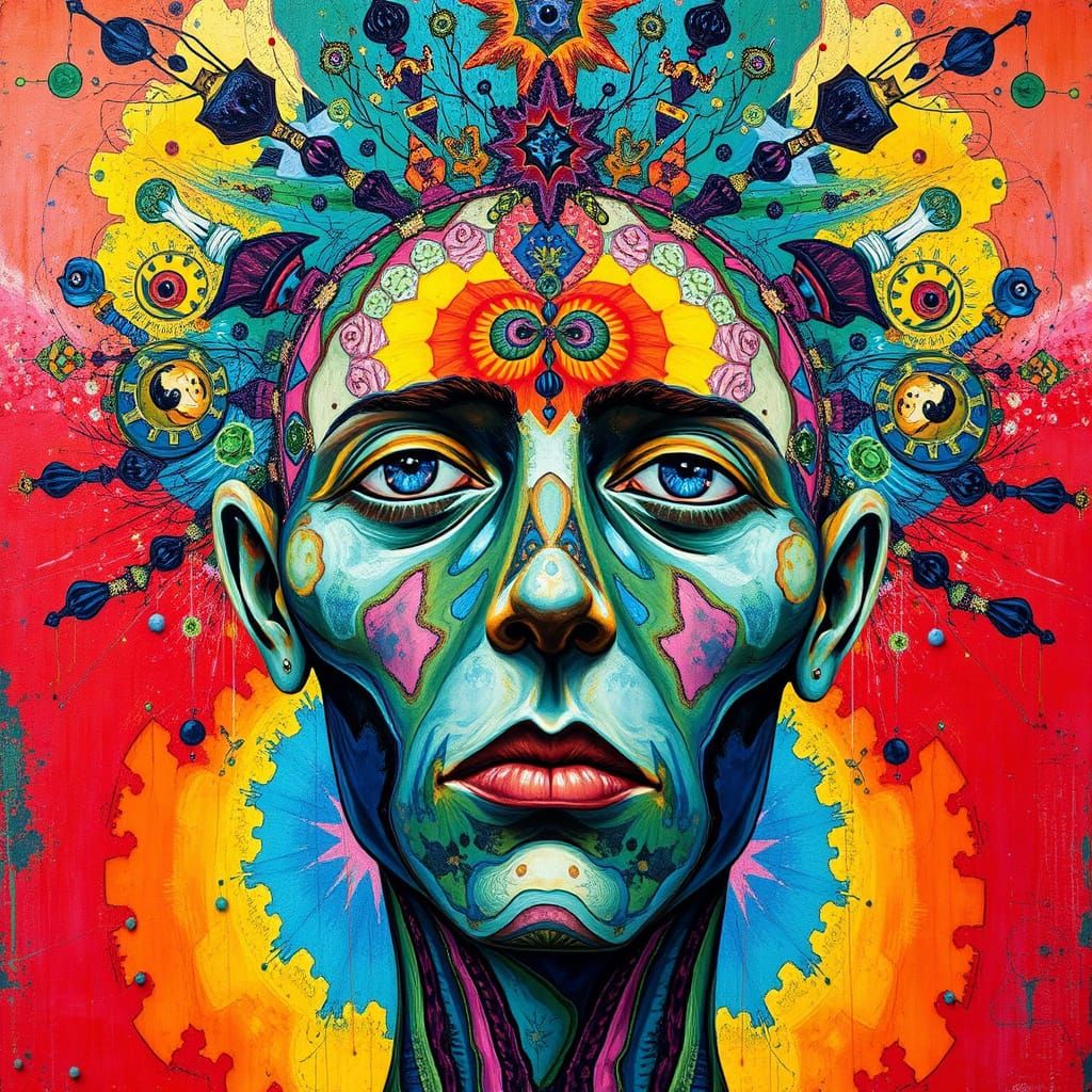 Surrealistic Portrait of the Human Mind in Vibrant Mixed Med...