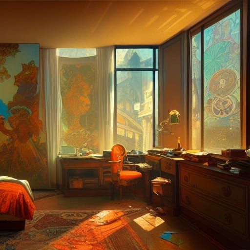Hyperdetailed Artist's Bedroom in Volumetric Lighting