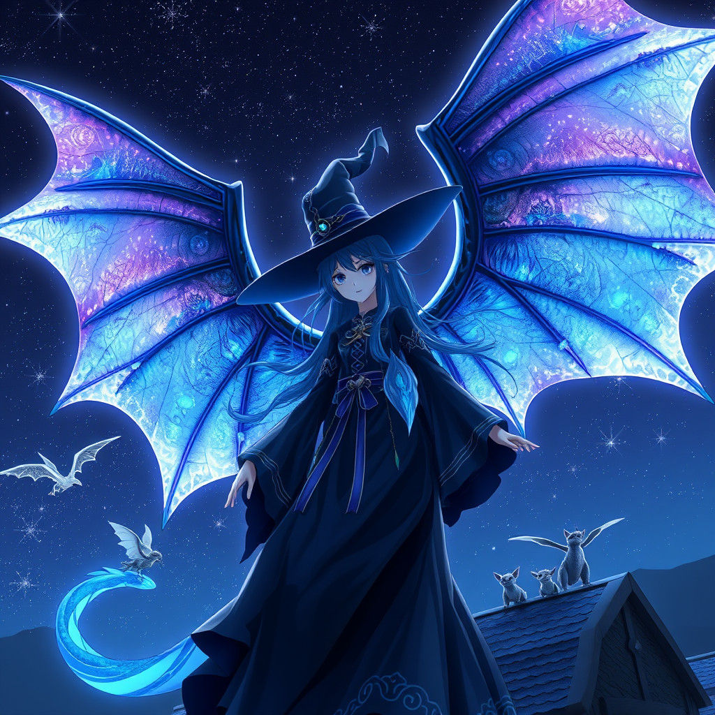 Anime Witch with Dragon Wings in Starry Night