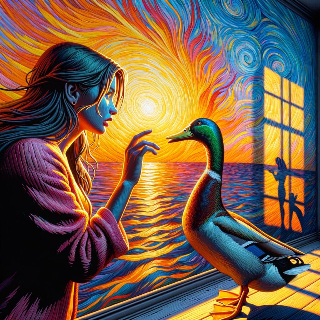 Woman and Duck Staring Contest in Post-Impressionist Style